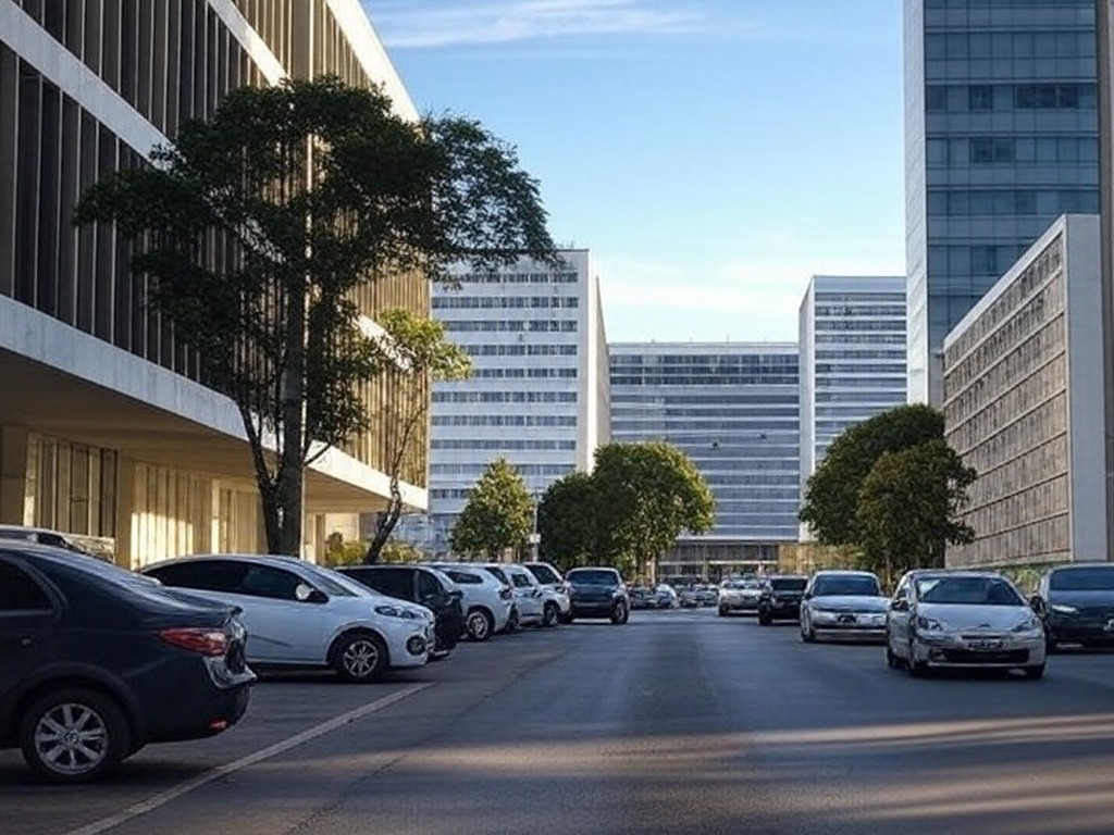 Rua em Brasília com carros e prédios governamentais, ilustrando edital do IPVA 2026 do GDF com valores, prazos e descontos.