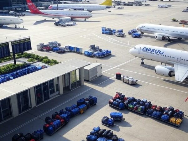 Aeroporto brasileiro com aviões internacionais, representando recorde de 9,3 milhões de turistas estrangeiros em 2025.