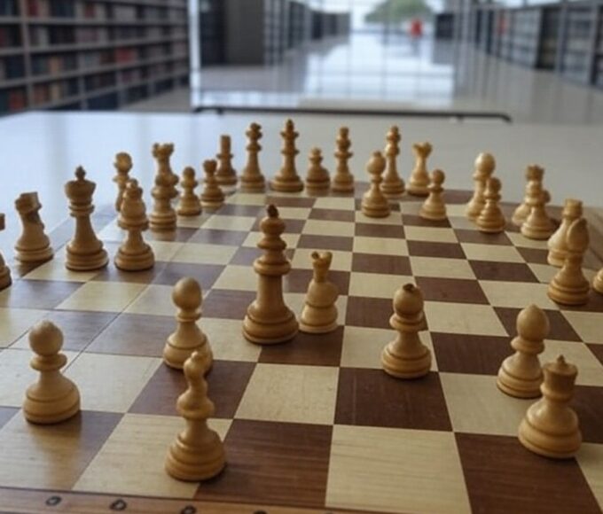 Mesas com tabuleiros de xadrez na Biblioteca Nacional de Brasília durante o Brasília Chess Open.
