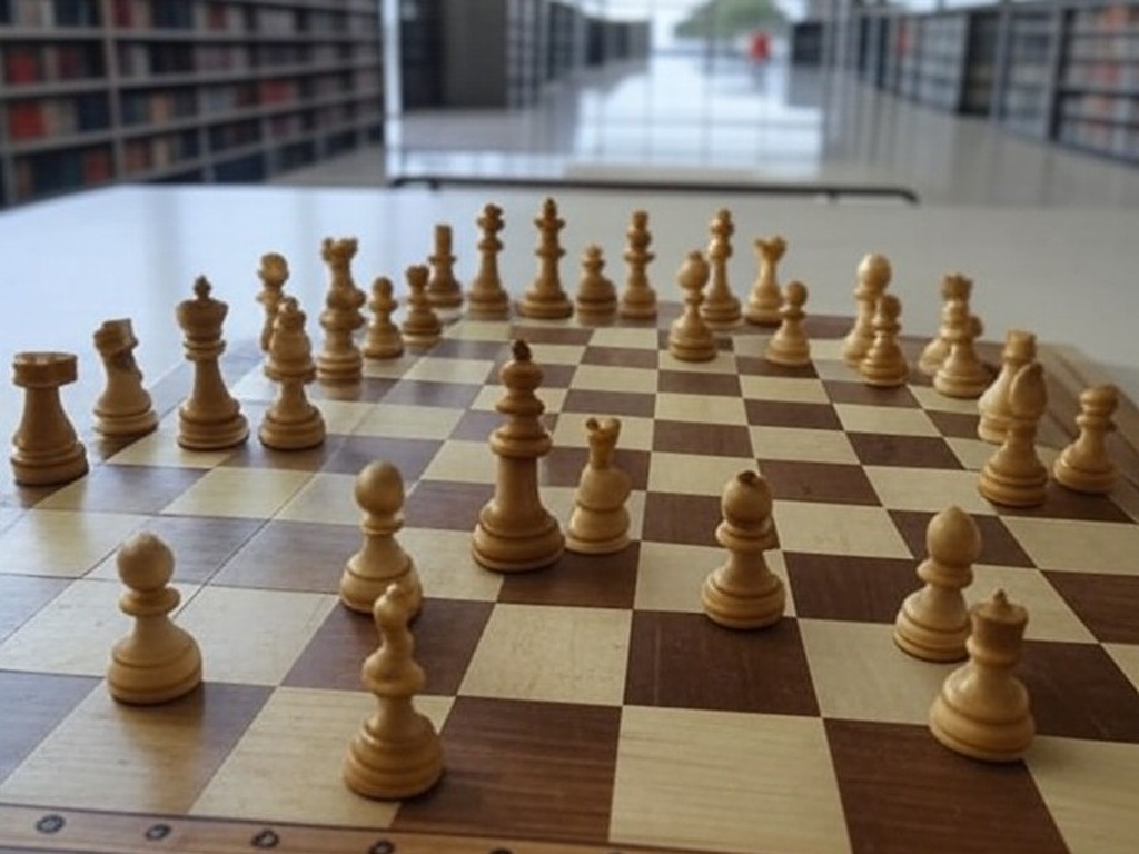 Mesas com tabuleiros de xadrez na Biblioteca Nacional de Brasília durante o Brasília Chess Open.
