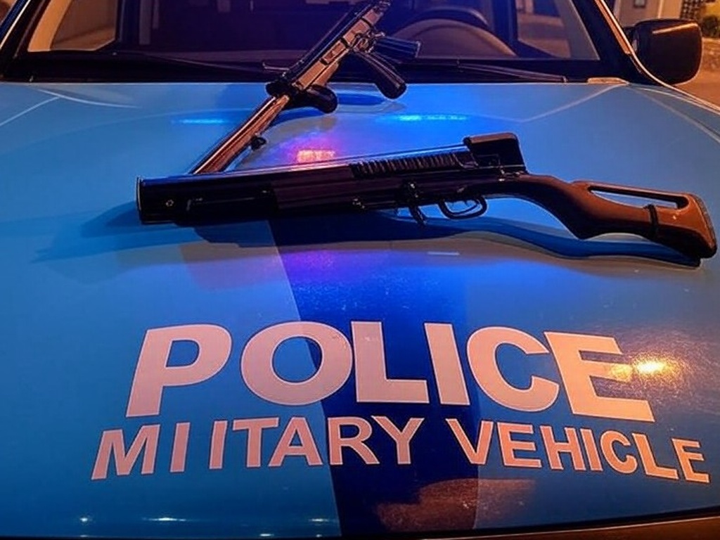 Viatura da PMDF em rua de Ceilândia com carabina apreendida, cena de operação policial no DF.