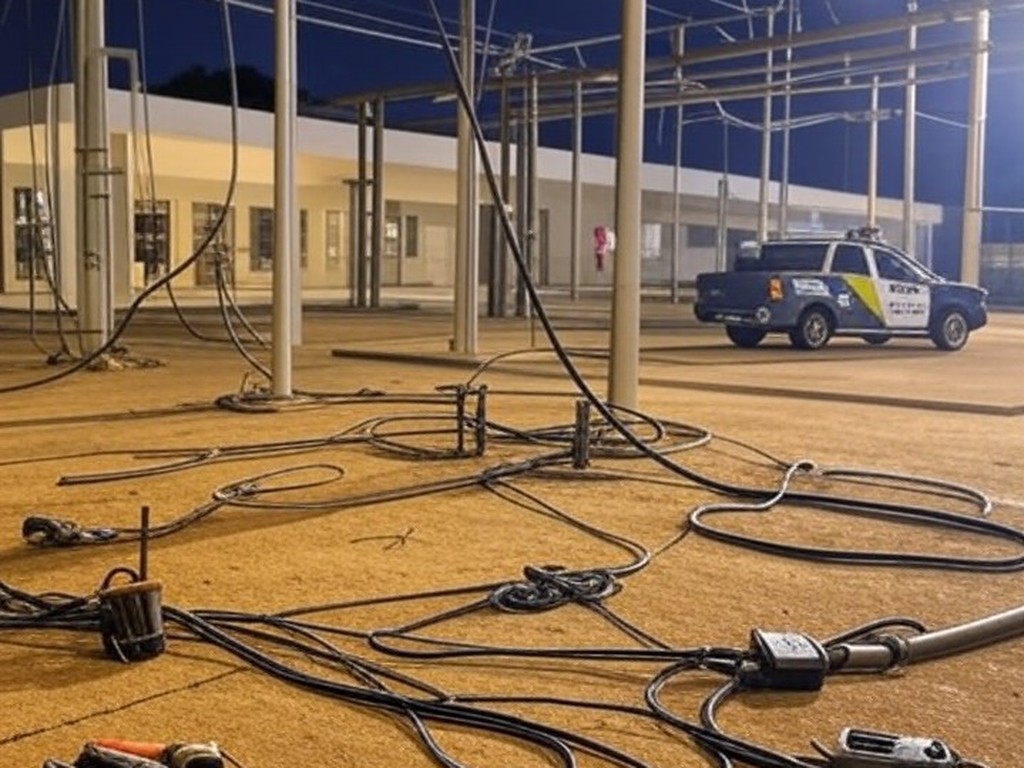Subestação elétrica no Setor Noroeste com cabos expostos e viatura da polícia, representando tentativa de furto em Brasília.