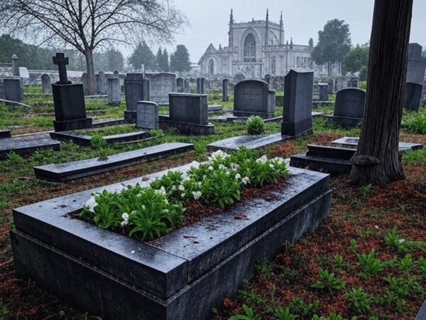 Cemitério europeu com sepultura recente, simbolizando sepultamento de brasileiro morto na Ucrânia.