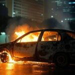 Carro carbonizado em chamas em rua de Brasília, Distrito Federal, com fumaça densa e arquitetura local ao fundo.