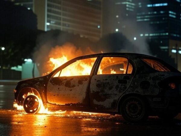 Carro carbonizado em chamas em rua de Brasília, Distrito Federal, com fumaça densa e arquitetura local ao fundo.