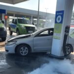 Carro Fiat Uno colidido em estação de GNV com vazamento de gás em Brasília, cena de acidente urbano.