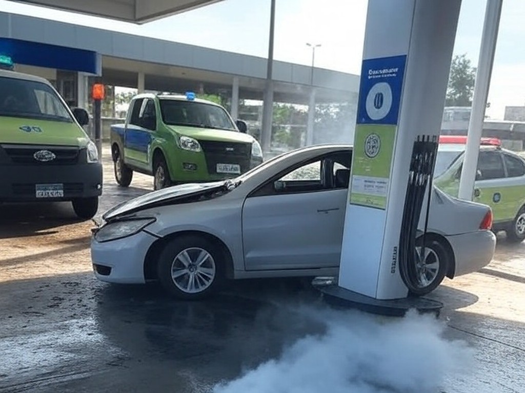 Carro Fiat Uno colidido em estação de GNV com vazamento de gás em Brasília, cena de acidente urbano.