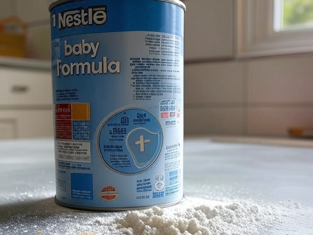 Lata aberta de fórmula infantil contaminada da Nestlé derramada sobre mesa em casa no DF, Brasil.