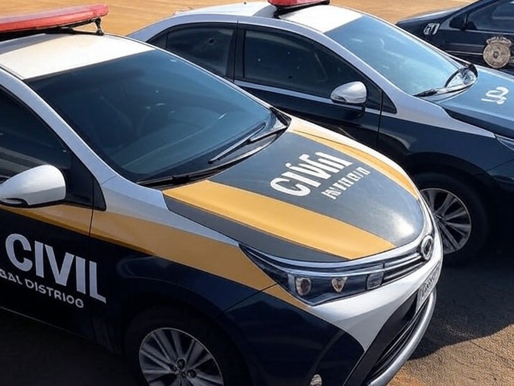 Viaturas da PCDF no estacionamento do Aeroporto JK, com carros arrombados ao fundo, em Brasília.