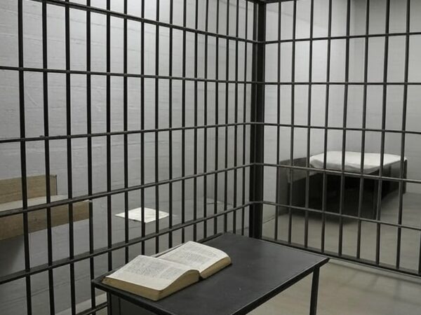 Cela de prisão brasileira com Bíblia e cruz, sem Smart TV, em estilo fotojornalístico.