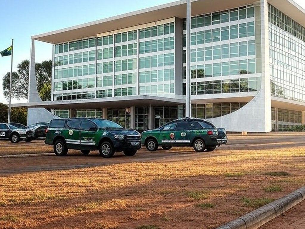 Edifício do STF em Brasília com viaturas da PM, representando julgamento de embargos de PMs condenados por 8 de janeiro.