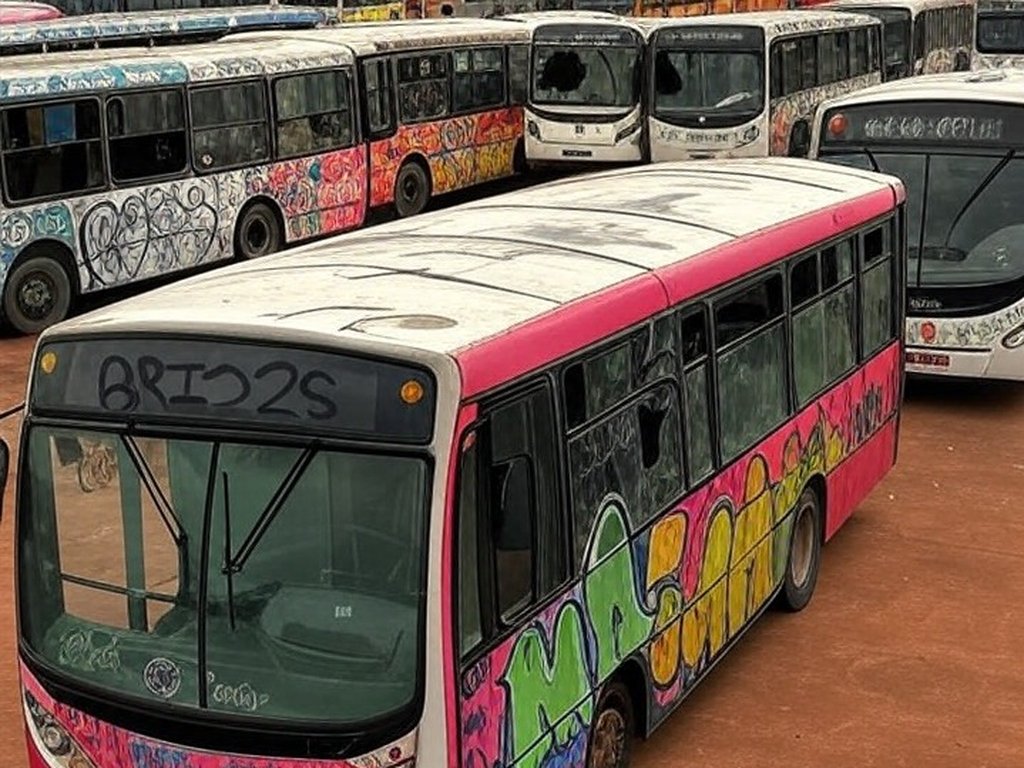 Ônibus vandalizados em pátio no Distrito Federal, com danos como vidros quebrados e pichações, em estilo fotojornalístico.