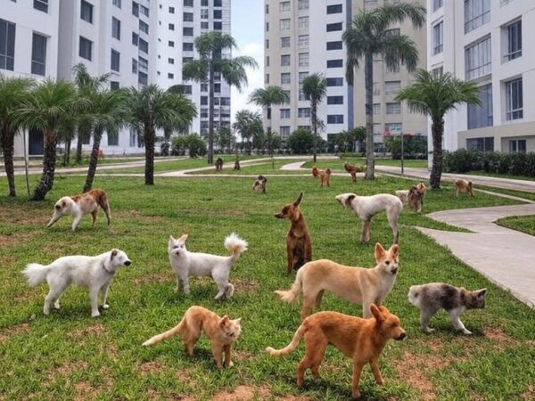 Condomínio residencial em Brasília com animais vagando em áreas comuns, ilustrando lei de proteção animal e possíveis conflitos.