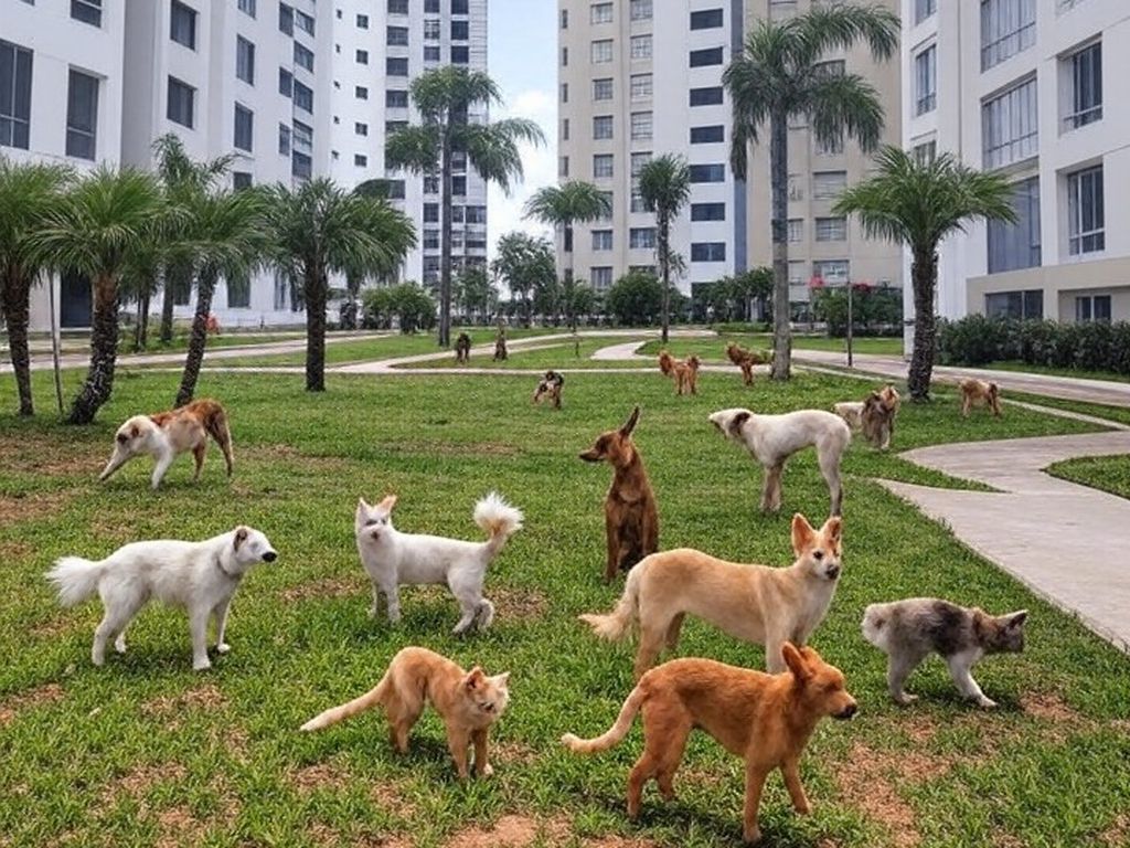 Condomínio residencial em Brasília com animais vagando em áreas comuns, ilustrando lei de proteção animal e possíveis conflitos.