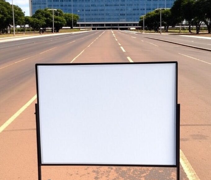Rua em Brasília com quadro de avisos representando vagas de emprego criadas pelo GDF para pessoas em situação de rua.