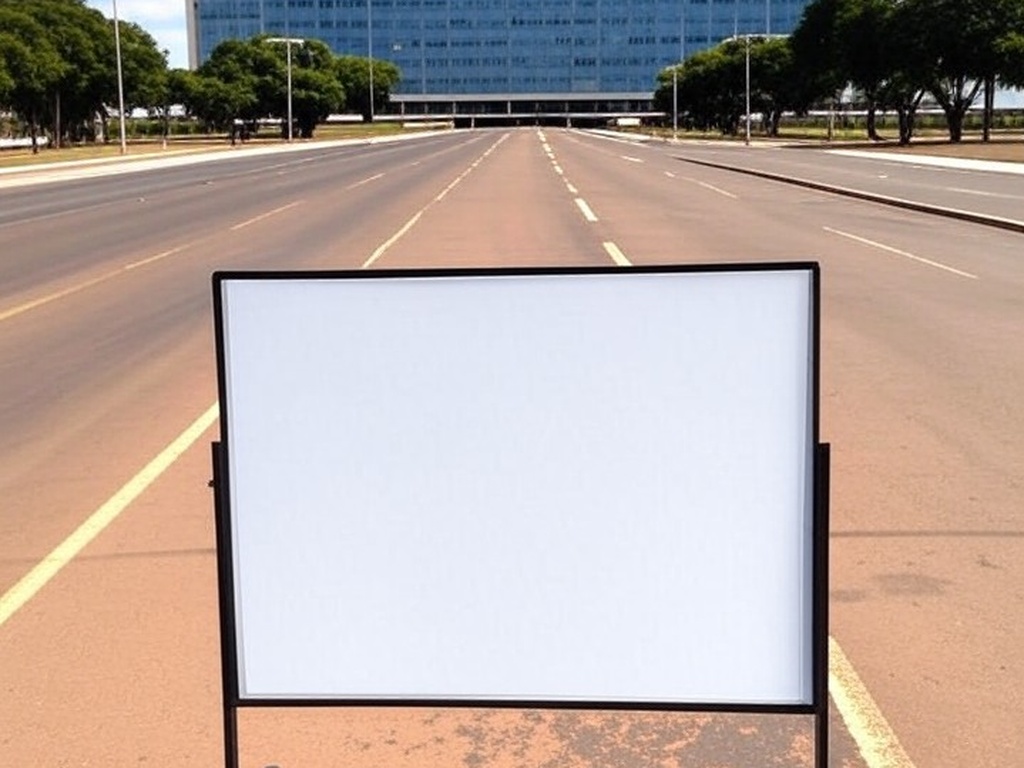 Rua em Brasília com quadro de avisos representando vagas de emprego criadas pelo GDF para pessoas em situação de rua.