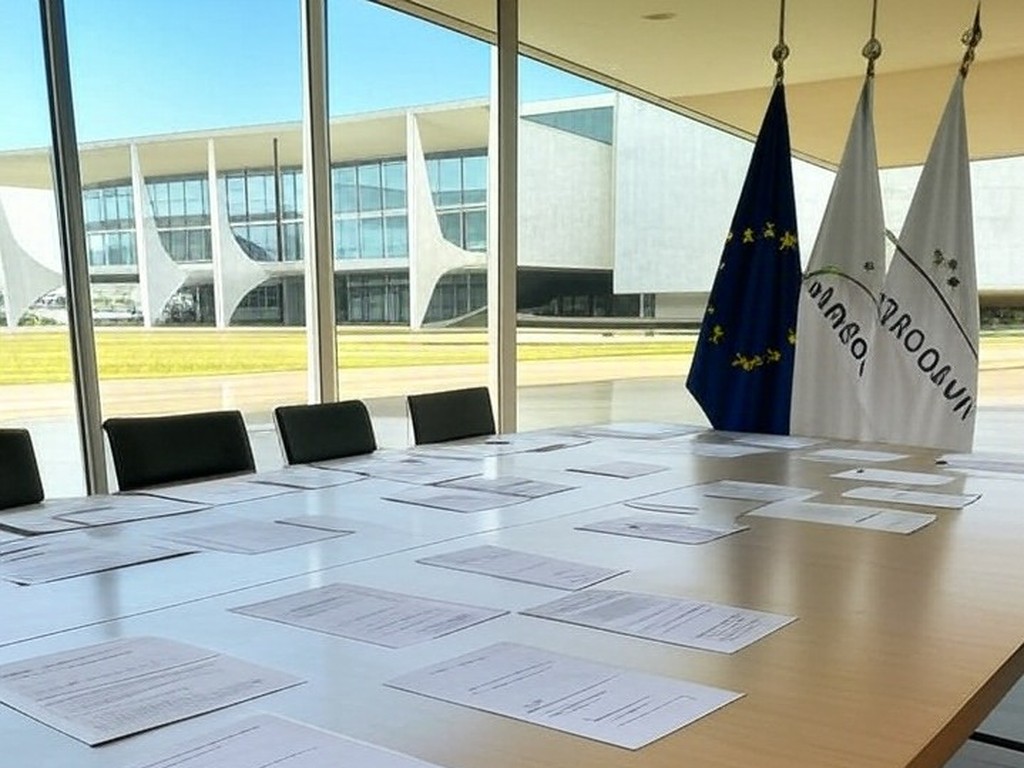 Mesa de conferência com bandeiras da UE e Mercosul em Brasília, representando acordo histórico de livre-comércio.