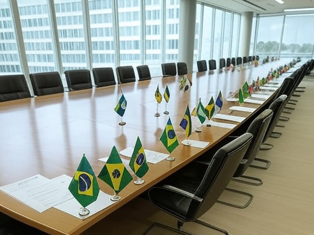 Sala de reuniões com bandeiras de estados brasileiros e documentos de reforma tributária em Brasília.