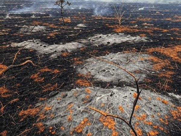 Área de cerrado queimado no Distrito Federal, com vegetação carbonizada e fumaça, ilustrando impactos de queimadas.