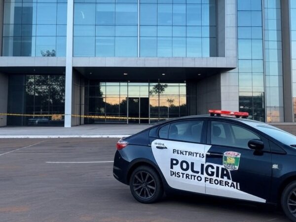 Fachada de hospital em Brasília com viatura da Polícia Civil do DF, simbolizando investigação de mortes suspeitas por injeção de desinfetante.