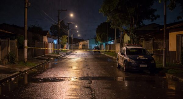Rua vazia em Sobradinho com viatura da polícia e fita de isolamento, local de briga fatal no Distrito Federal.