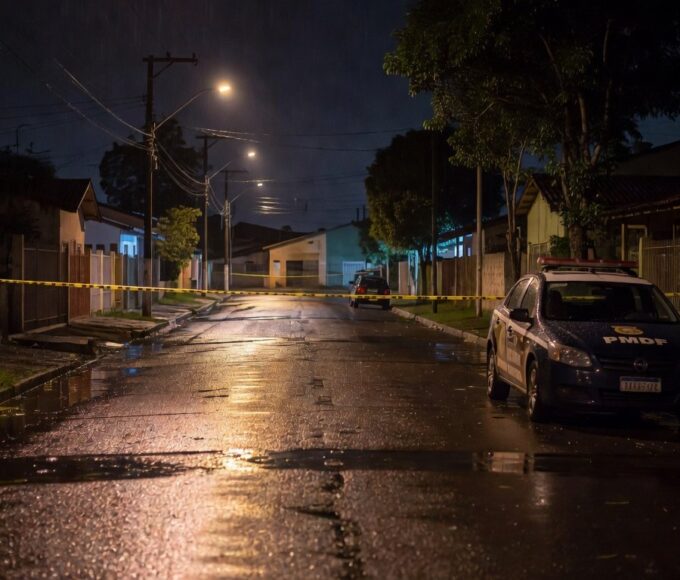 Rua vazia em Sobradinho com viatura da polícia e fita de isolamento, local de briga fatal no Distrito Federal.