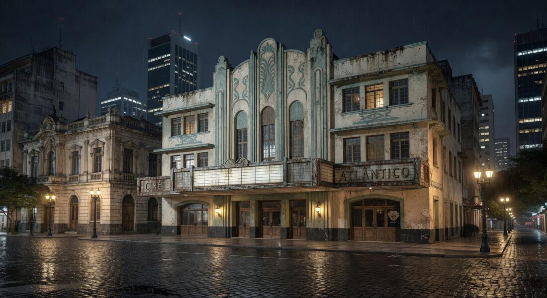 Cinema clássico vazio no Rio de Janeiro à noite, simbolizando luto por ator falecido.