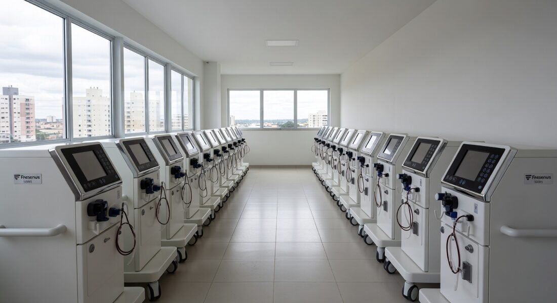 Sala de nefrologia com novas máquinas de hemodiálise no Hospital de Taguatinga, Distrito Federal.