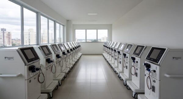 Sala de nefrologia com novas máquinas de hemodiálise no Hospital de Taguatinga, Distrito Federal.