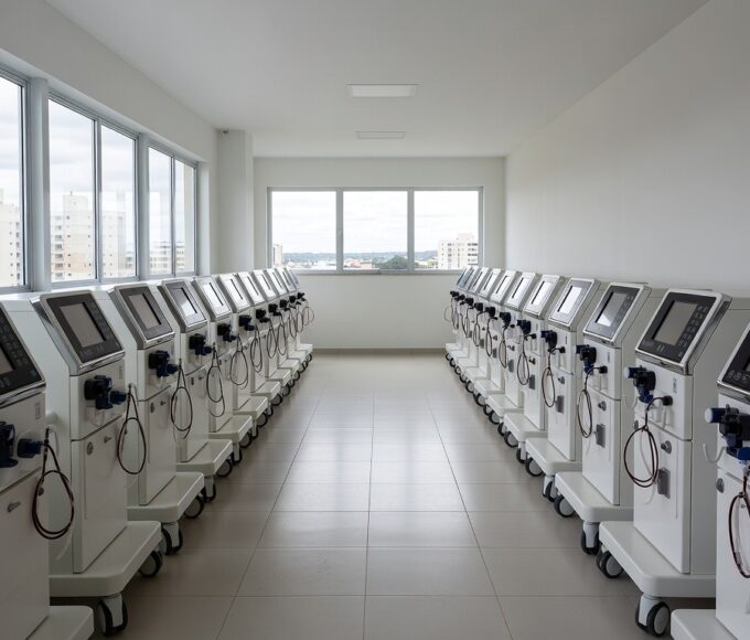 Sala de nefrologia com novas máquinas de hemodiálise no Hospital de Taguatinga, Distrito Federal.