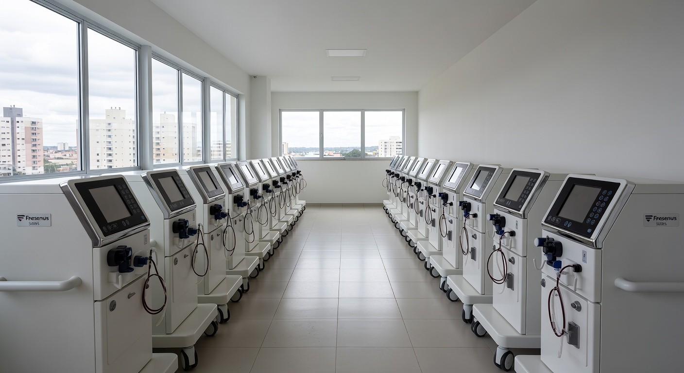 Sala de nefrologia com novas máquinas de hemodiálise no Hospital de Taguatinga, Distrito Federal.