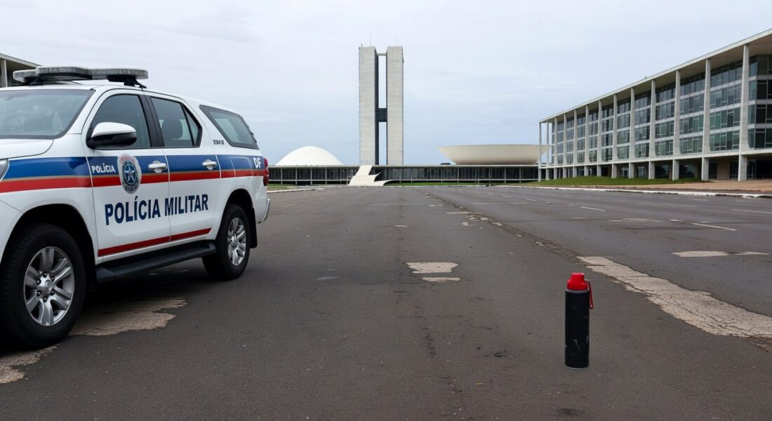 Viatura da PMDF em Brasília com lata de spray de pimenta no chão, ao fundo o Congresso Nacional.