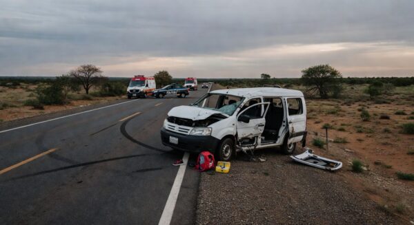 Cena de acidente na BR-020 com van danificada e veículos de emergência, representando colisão que matou 5 e feriu 12 no Brasil.