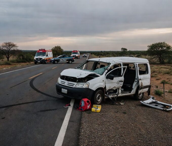 Cena de acidente na BR-020 com van danificada e veículos de emergência, representando colisão que matou 5 e feriu 12 no Brasil.