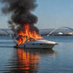 Lancha em chamas no Lago Paranoá, Brasília, com fumaça e fogo, em estilo fotojornalístico.