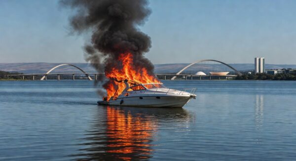 Lancha em chamas no Lago Paranoá, Brasília, com fumaça e fogo, em estilo fotojornalístico.