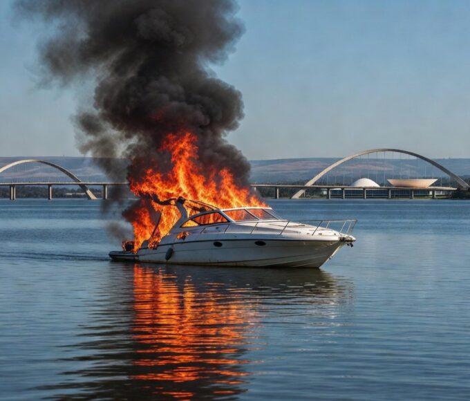 Lancha em chamas no Lago Paranoá, Brasília, com fumaça e fogo, em estilo fotojornalístico.