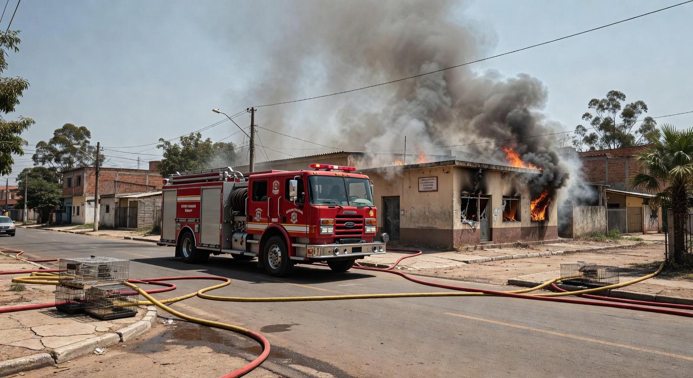 Viatura de bombeiros combatendo incêndio em clínica veterinária de Ceilândia, com resgate de animais.