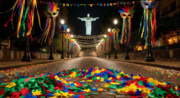 Rua no Rio de Janeiro com confetes e decorações de Carnaval, representando o Programa Vai de Graça com mais de 2 milhões de acessos em 2026.