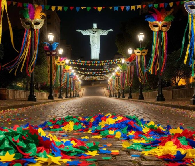 Rua no Rio de Janeiro com confetes e decorações de Carnaval, representando o Programa Vai de Graça com mais de 2 milhões de acessos em 2026.