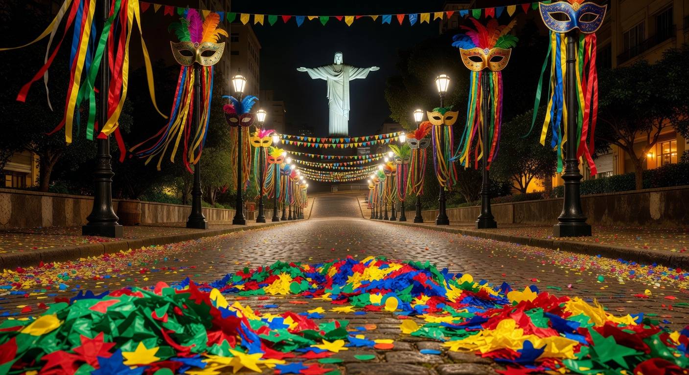 Rua no Rio de Janeiro com confetes e decorações de Carnaval, representando o Programa Vai de Graça com mais de 2 milhões de acessos em 2026.