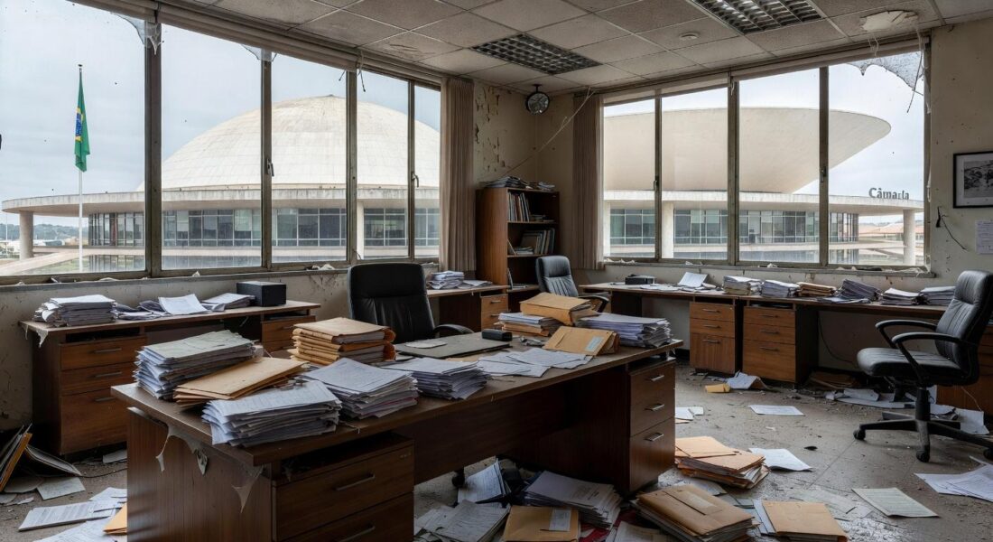 Edifício da CLDF em Brasília com documentos abandonados, expondo falhas no amparo a mulheres e idosos.