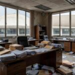 Edifício da CLDF em Brasília com documentos abandonados, expondo falhas no amparo a mulheres e idosos.