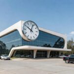 Fachada de agência do Detran-DF em Brasília com relógio marcando horário de atendimento contínuo de 8h às 17h.