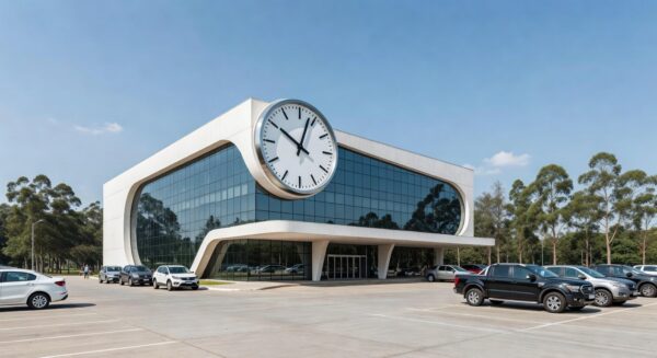 Fachada de agência do Detran-DF em Brasília com relógio marcando horário de atendimento contínuo de 8h às 17h.