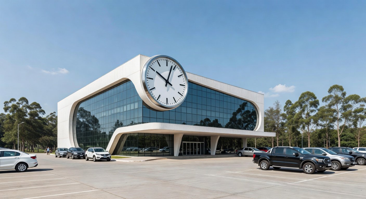 Fachada de agência do Detran-DF em Brasília com relógio marcando horário de atendimento contínuo de 8h às 17h.