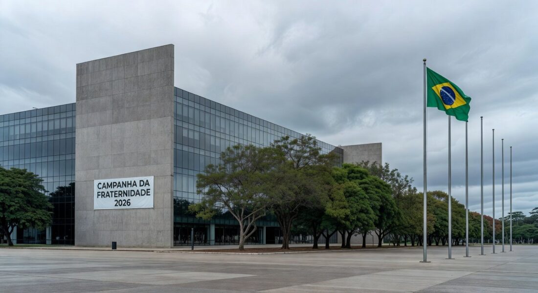 Edifício da CLDF em Brasília com banner da Campanha da Fraternidade 2026, destacando sessão questionada por superficialidade.
