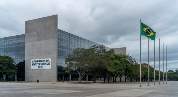 Edifício da CLDF em Brasília com banner da Campanha da Fraternidade 2026, destacando sessão questionada por superficialidade.