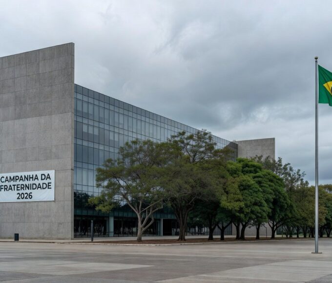 Edifício da CLDF em Brasília com banner da Campanha da Fraternidade 2026, destacando sessão questionada por superficialidade.
