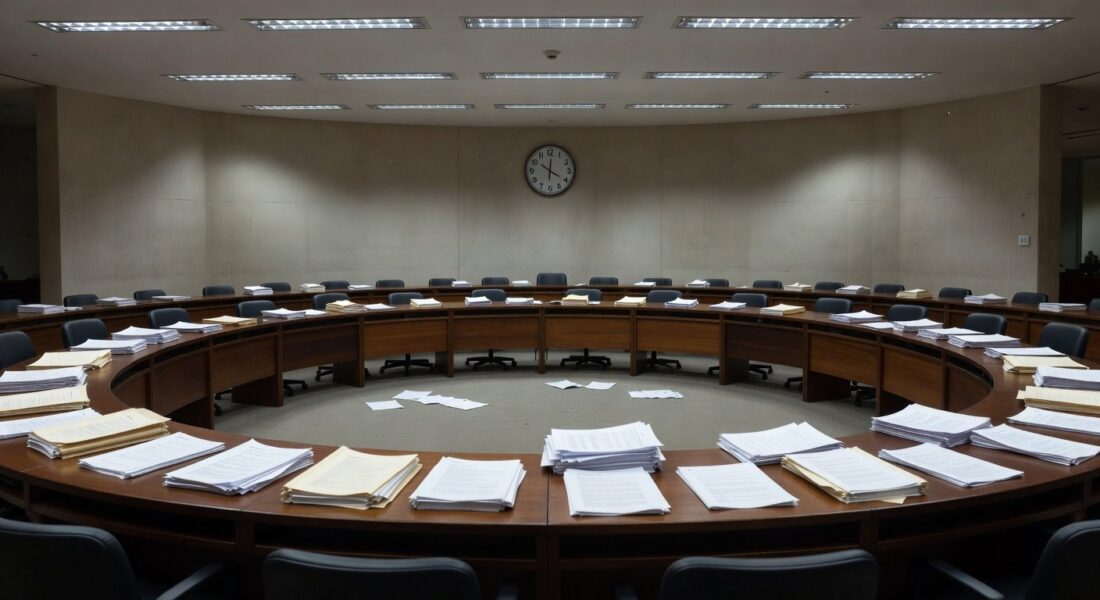 Sala de sessões vazia na CLDF com pilhas de documentos e relógio parado, representando lentidão burocrática e falta de avanços.